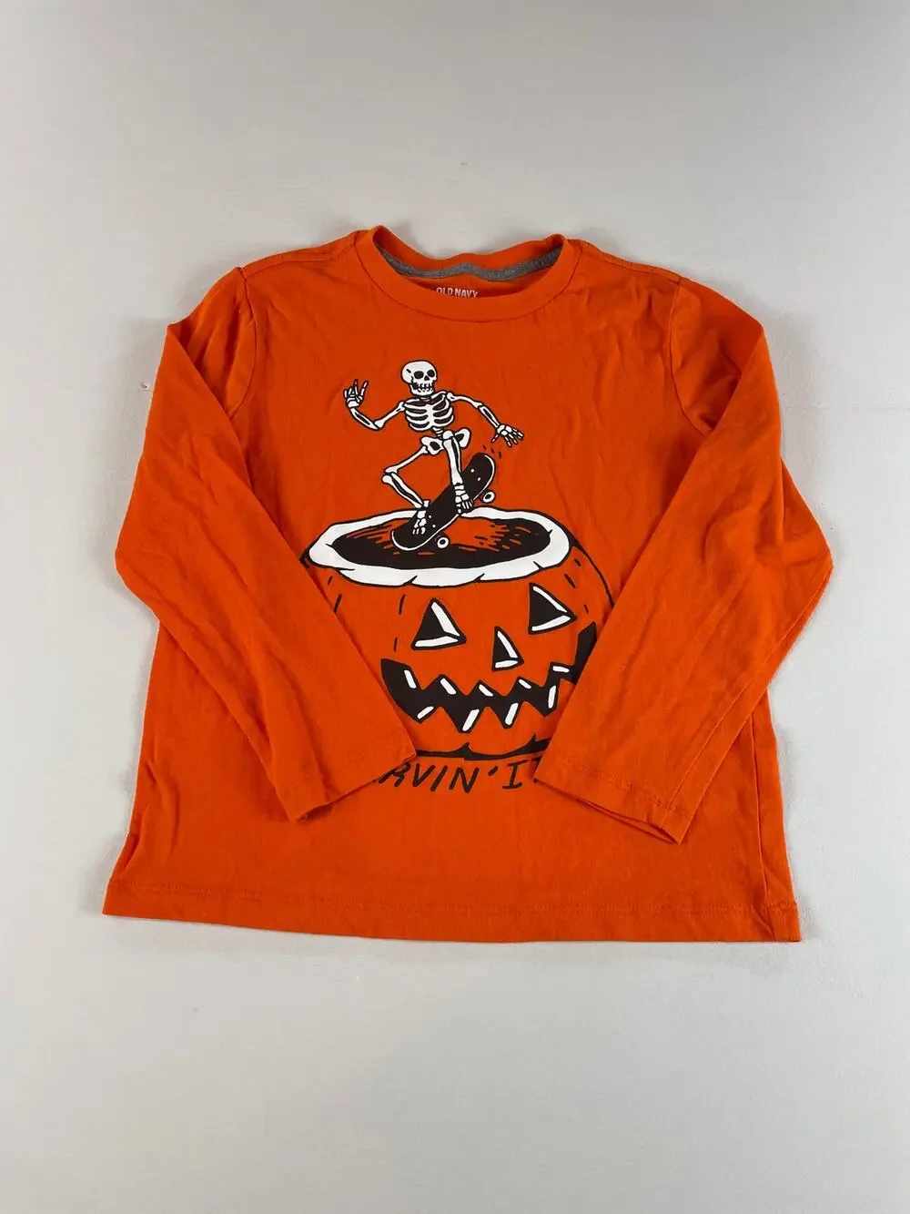 Old Navy Boys Orange Pumpkin Skeleton Halloween Long Sleeve Tee